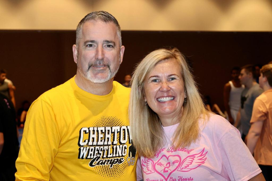 Beth Gross and an assistant coach for wrestling camp.