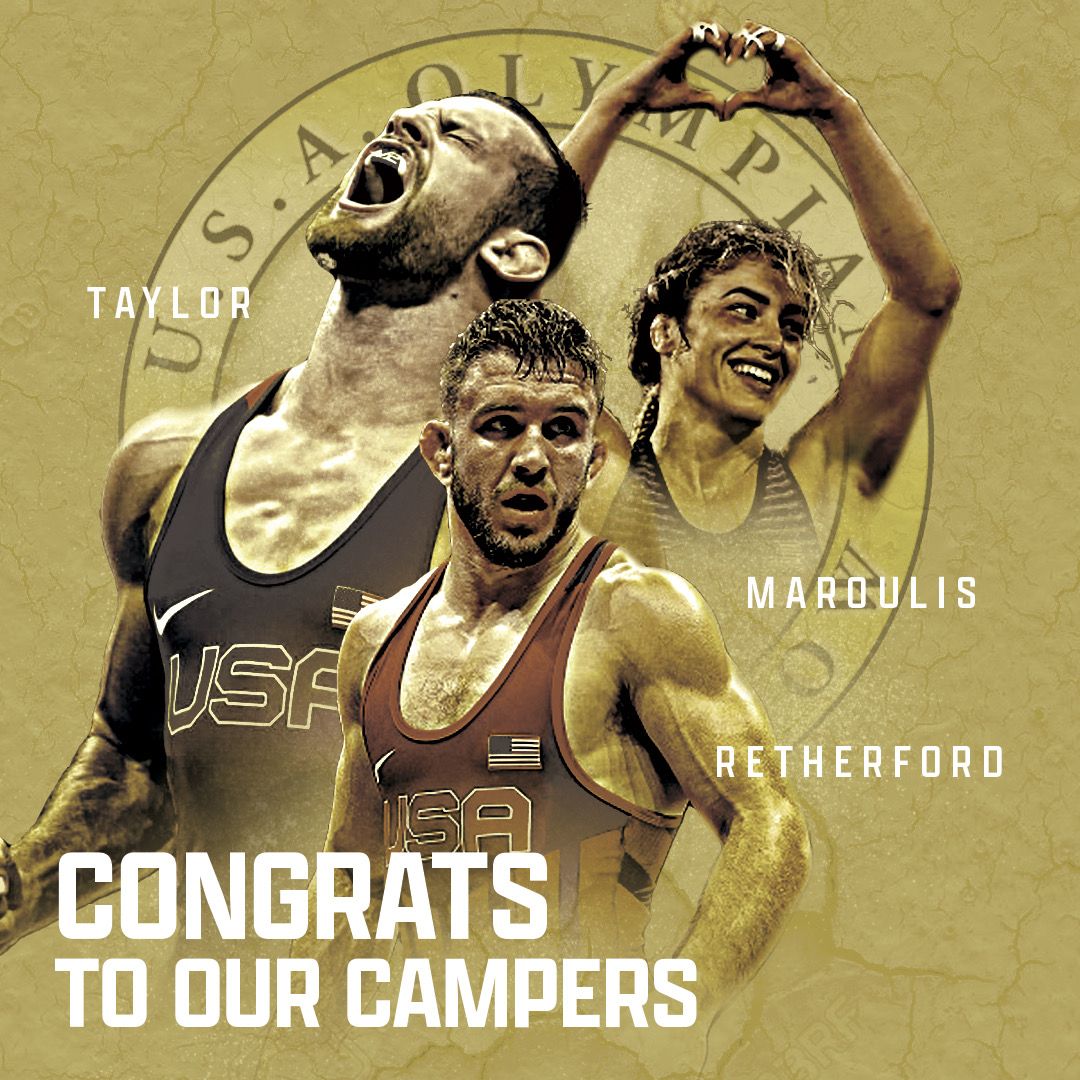 Gold graphic congratulating Ken Chertow wrestling camp campers David Taylor, Helen Maroulis and Zain Retherford