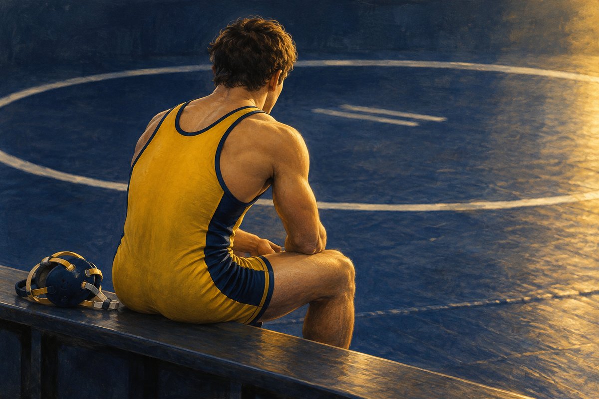 Illustration of a wrestler sitting calmly beside the mat, preparing to compete.