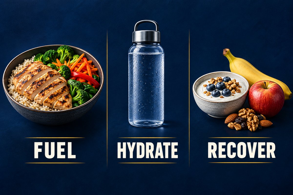 Nutrition illustration with food and water organized under Fuel, Hydrate and Recover.